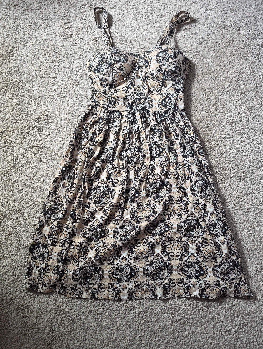 Beige and Black Printed Midi Sundress with Fitted Bodice